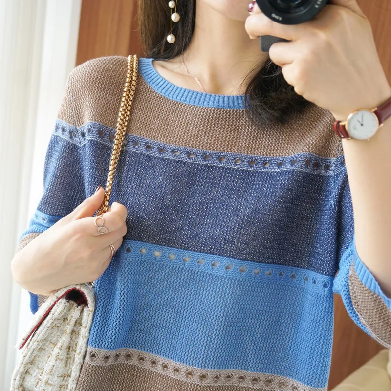 

Thin wool knitted short-sleeved t-shirt women's 2022 autumn and winter new round neck loose color hollow bottoming shirt