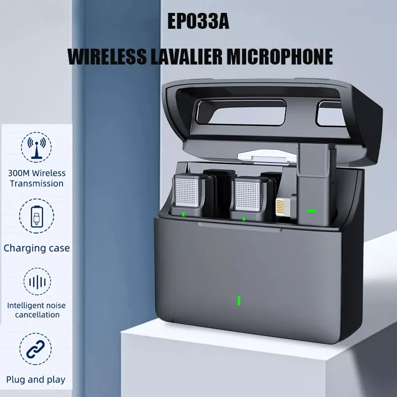 

Wireless lavalier microphone with Charging compartment 300m Range Recording Vlog Youtube Live for iPhone Android EP033A