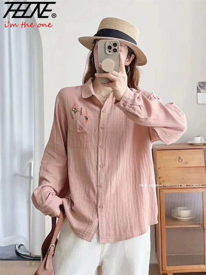 Женская блузка-рубашка с длинным рукавом и вышивкой