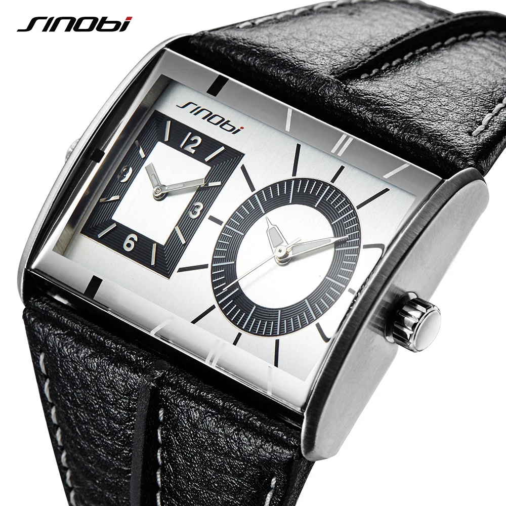 

SINOBI Dual Time Zone Men Watches Unique Design Leather Strap 43mm Dial Men's Quartz Wristwatches Clock for Business Men Watch