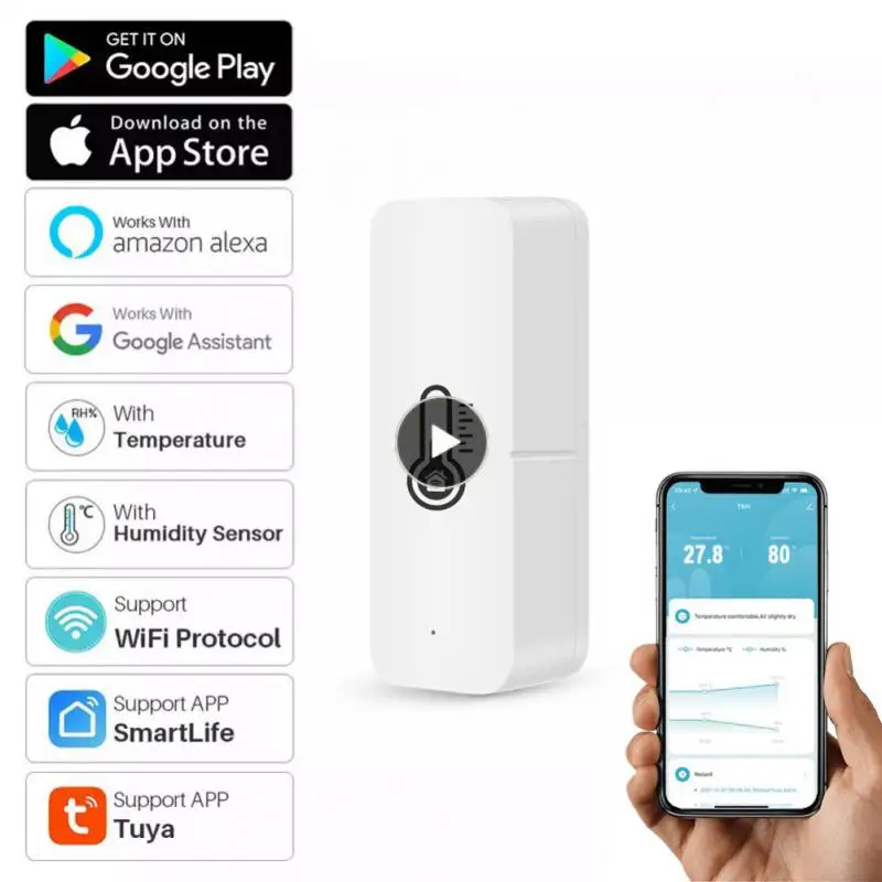 

Датчик влажности Tuya беспроводной с Wi-Fi и зуммером, миниатюрный сенсор влажности с управлением через приложение, работает с ассистентом Google и Alexa