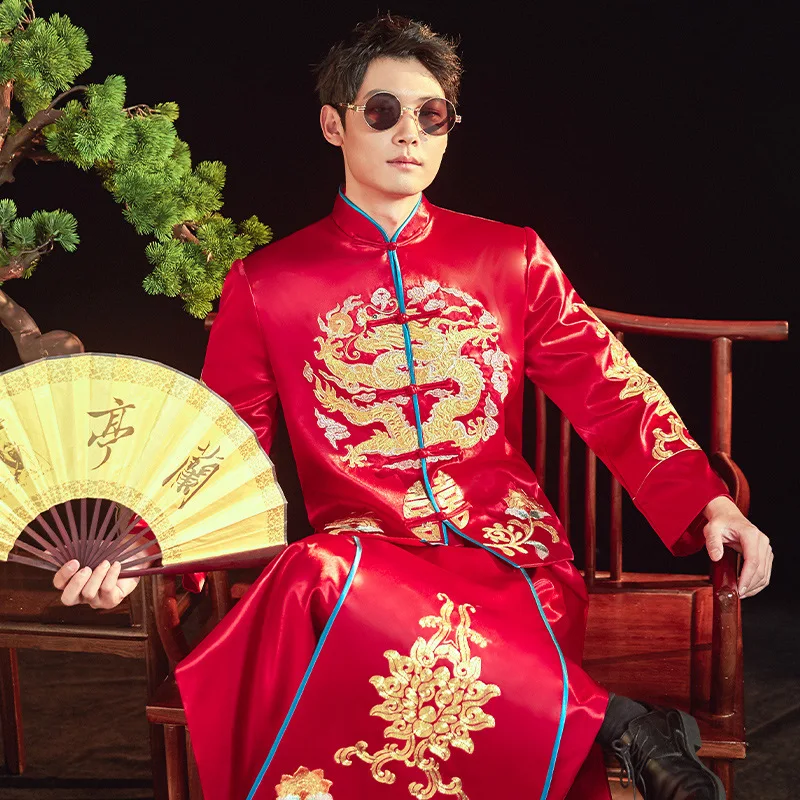 Elegant Oriental Groom Dragon Embroidery Costume Vintage Clothing Chinese Traditional Wedding Gown Robe Tang Suits