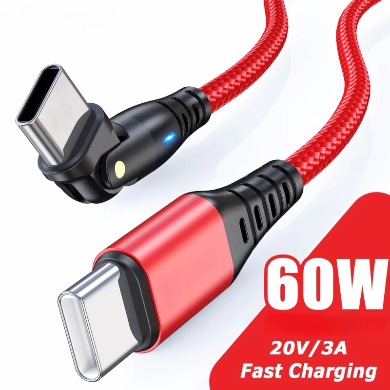 

60W PD USB C Cable 3A Fast Charging USB-C to Type C Data Cord For iPad Xiaomi 13 12 POCO 180 Rotate Elbow Wire For Game realme