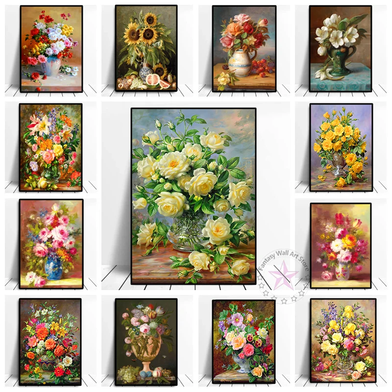 

Europe Classical Retro Flowers Oil Painting Nordic Beautiful Floral Wall Art Poster Canvas Print Hallway Picture Room Home Decor