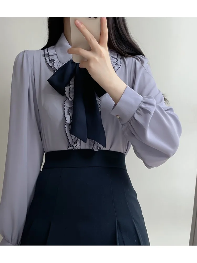 Блузка женская с рюшами милая винтажная формальная рубашка пуговицами в