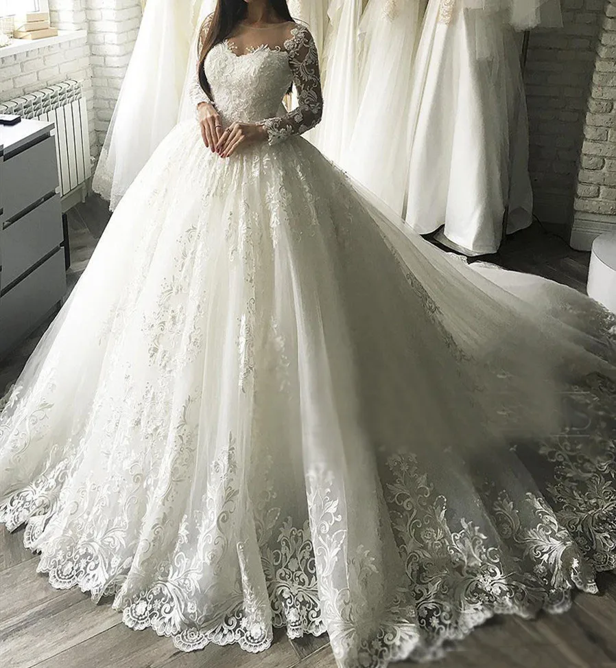 

Gorgesous Long Sleeves Ball Gown Lace applique Wedding Dresses Bridal Gown Celebrity vestido De Noiva robe de mariee