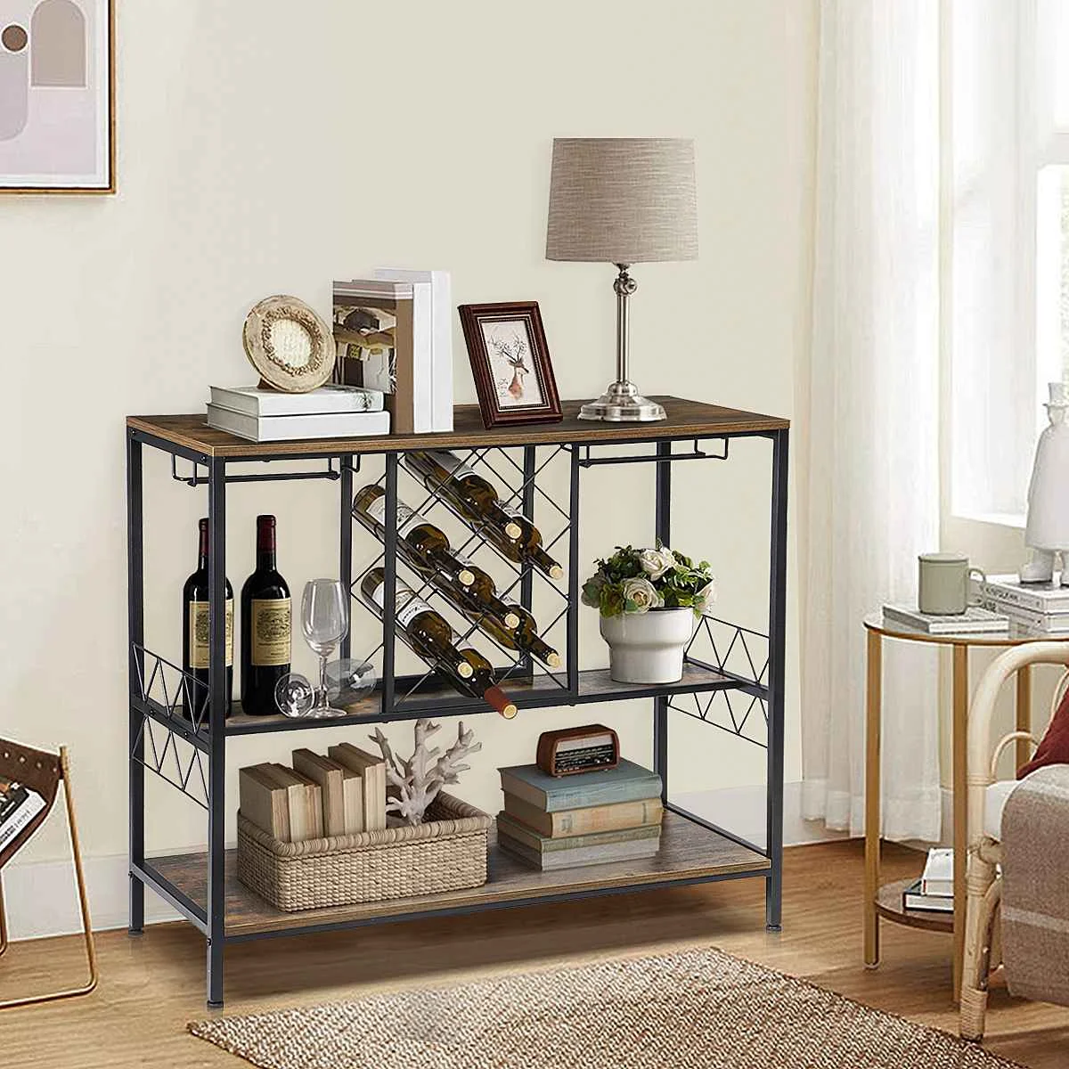 

3 Tier Wine Rack Table with Glass Holder Industrial Wine Bar Cabinet with Storage Console Table & Wine Cabinet for Home Kitchen