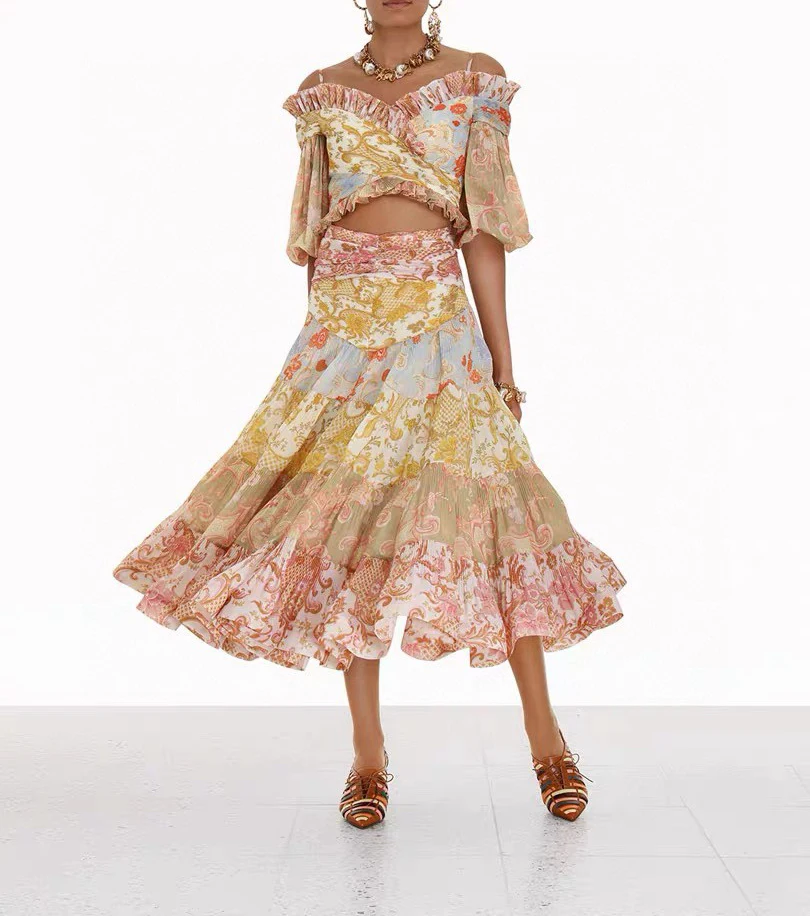 

High Quality Summer Elegant Women's Floral Print Off-the-shoulder Suspender Top + High-waisted Puffy Skirt