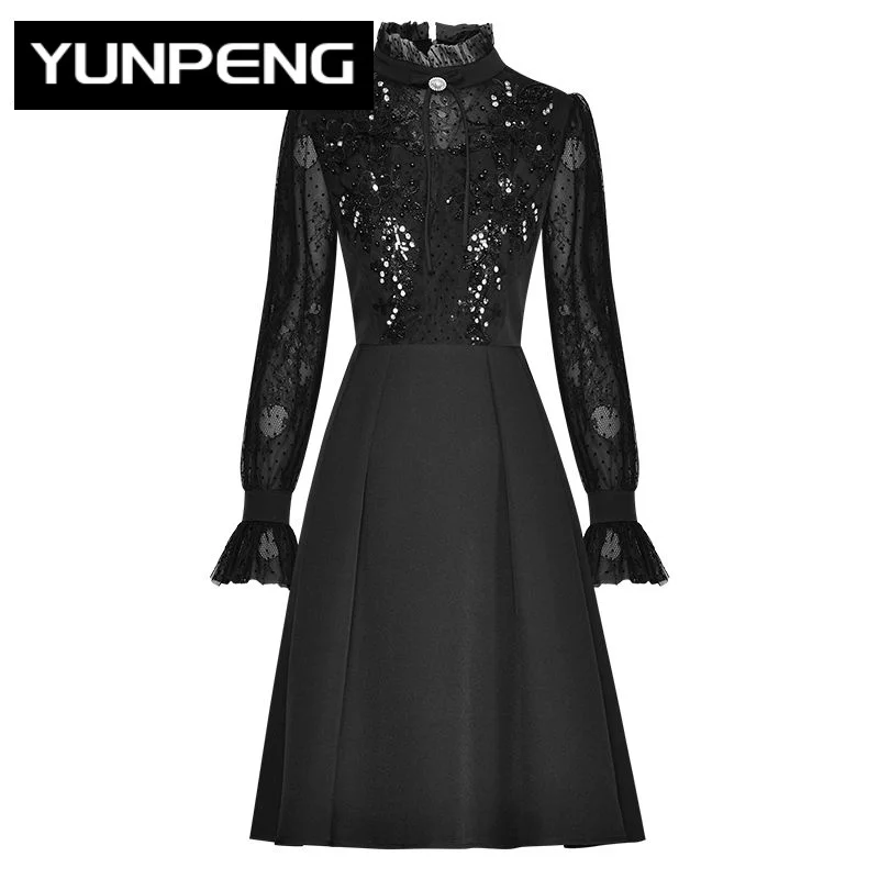 

Женское винтажное платье мини, модельное роскошное Брендовое элегантное кружевное платье с высоким воротником-стойкой и расширяющимся книзу рукавом, расшитое блестками и бисером, лето 2023