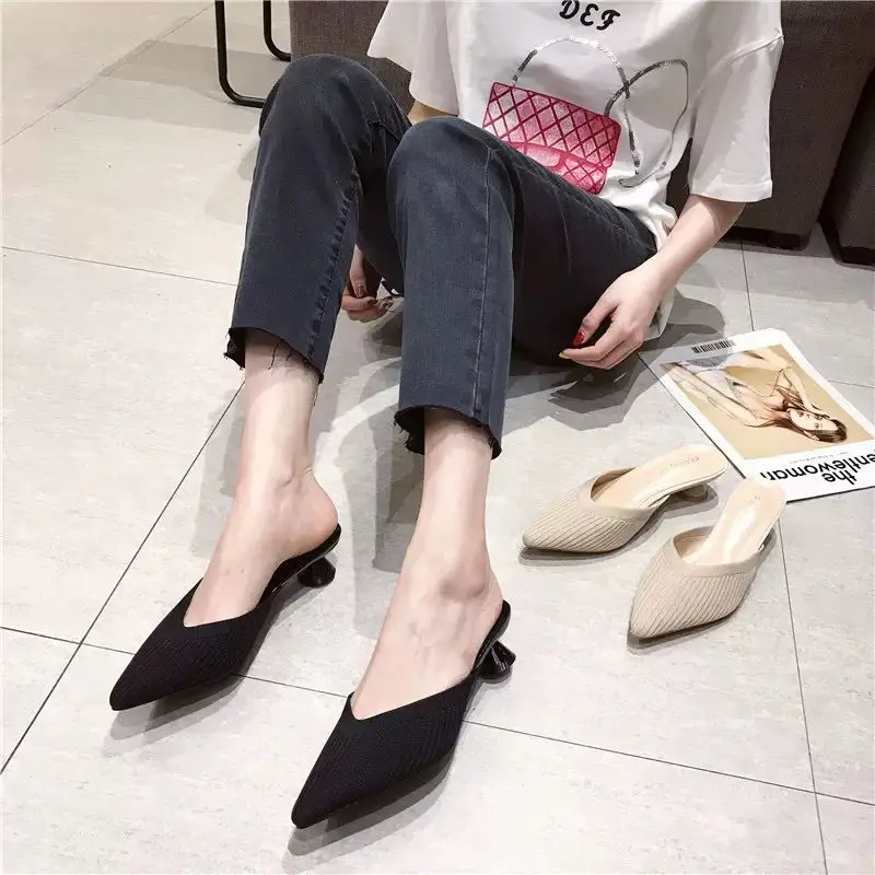 Half Slippers for Women Wearing Summer New Knitted Thick Heel Sandals for Muller Shoes for Women Wearing Pointed High Heels