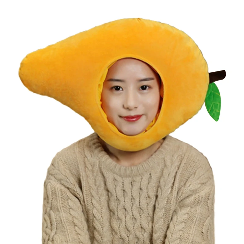

for Creative Mangoes Shape Plush Hat Funny Fruit Stuffed Toys Headgear Warm Earflap Cap Performance Cosplay Party Props