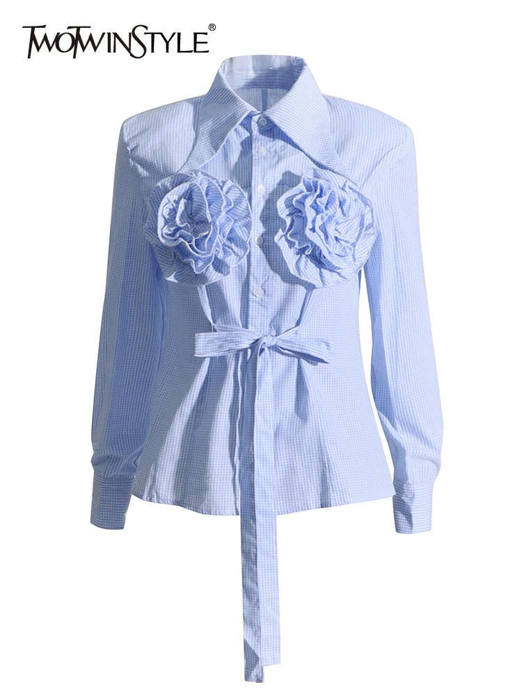 

TWOTWINSTYLE Spliced Floral Casual Blouses For Women Lapel Long Sleeve Tunic Patchwork Lace Up Plaid Shirt Female Fashion 2023