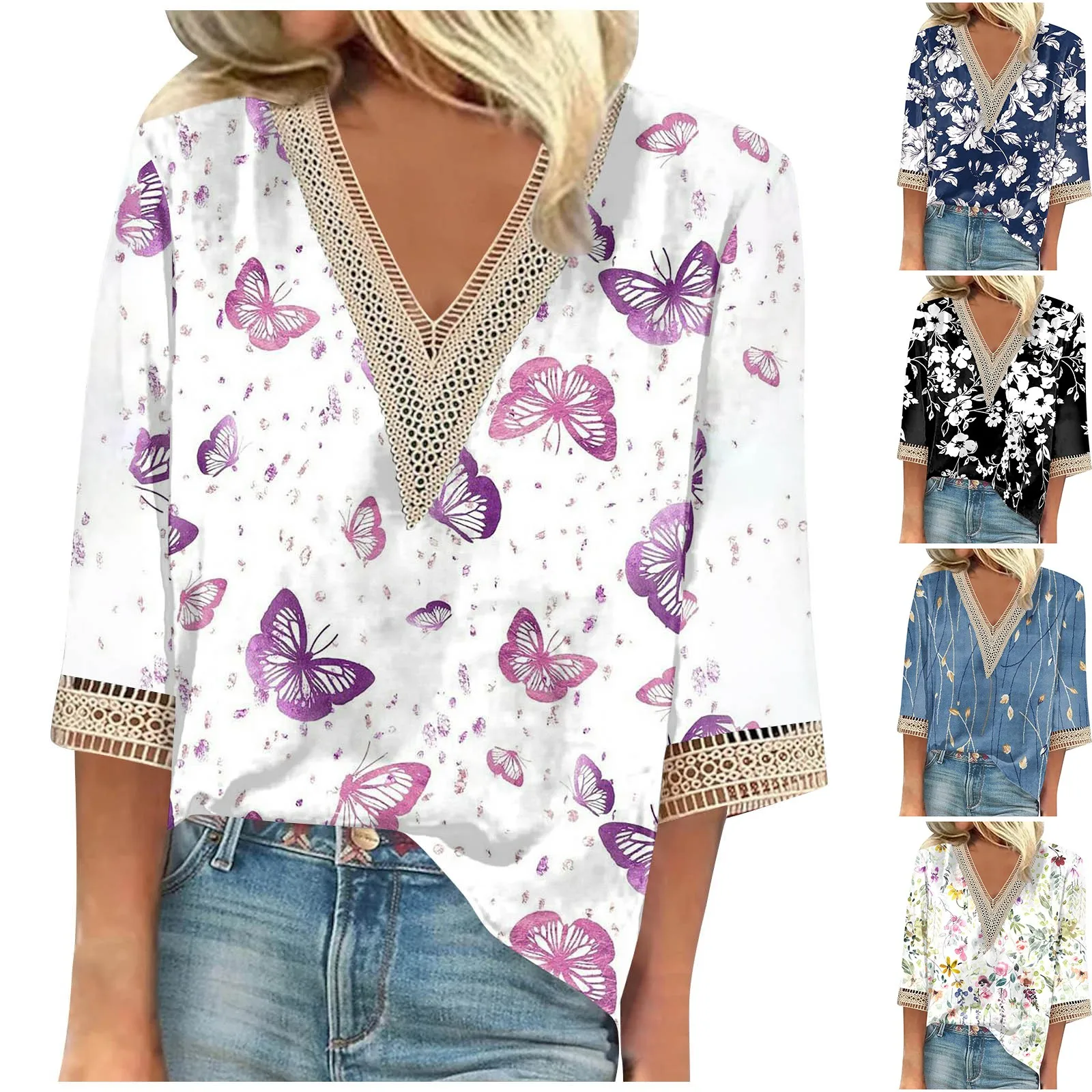 

Women's Shirt Blouse Casual Loose Shirts 3/4 Sleeve Lace Trims Print V Neck Tops Print Tops T-shirts Tee Ropas Para Mujer