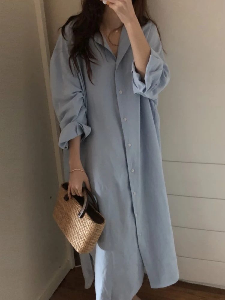

2022 Summer New Ladies Casual Shirt Collar Dress Loose Long Cotton and Linen Blouse Temperament Simple and Comfortable All-match
