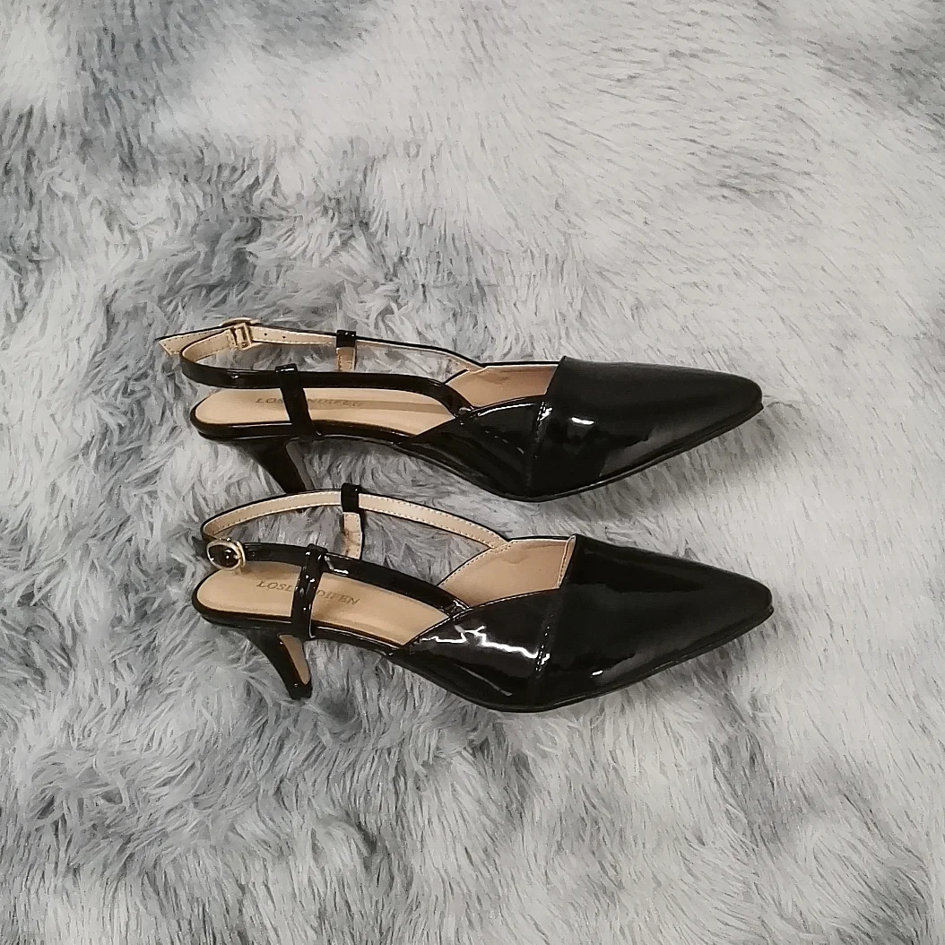 LOSLANDIFEN Daily all-match Sandal Shoes Pointed Toes High Heels Sexy 5cm Low Casual Back Empty Buckle Pumps Red Wedding Shoes