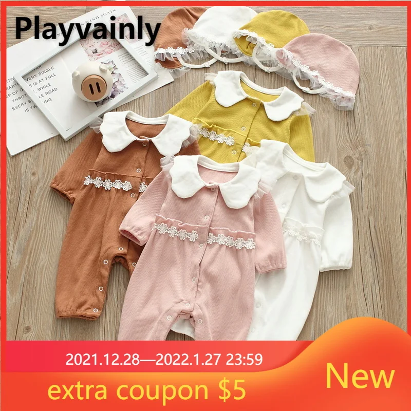 2022 New Spring Baby Girls Romper Lace Peter Pan Collar Long Sleeves Soft Jumpsuit with Cute Cap Infant Cotton Outfits E1041