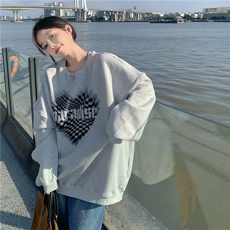 

6775 Autumn and winter new Korean style lazy loose round neck print plus velvet Sweatshirts