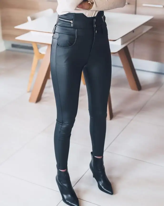 

Sexy Skinny High Waist Button Front PU Leather Pants 2022 fashion casual women pants new trousers high waist elegant
