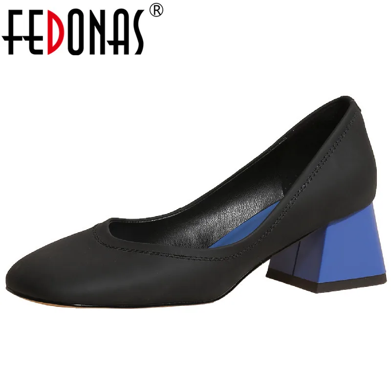 

FEDONAS Spring Summer Women Pumps Fashion Concise New Arrival Mixed Colors Genuine Leather Square Toe Thick Heels Shoes Woman