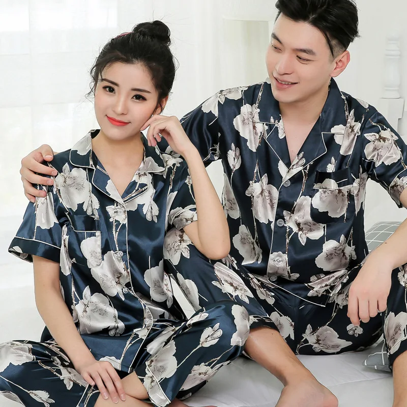 Women Pajama Set Silk Couple Pajamas Lapel Pyjamas Ice Silk Pijama Lover Set pjs Sleepwear Short Sleeve Shirt Pants Homewear