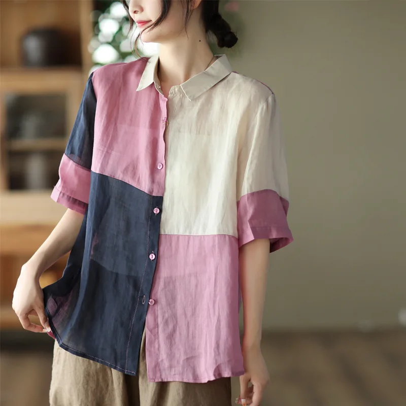 

Retro Color Matching Blouse Shirt Women's Short Sleeve Top Loose Wild Ramie Ladies Shirt Temperament Lapel Thin Blouse