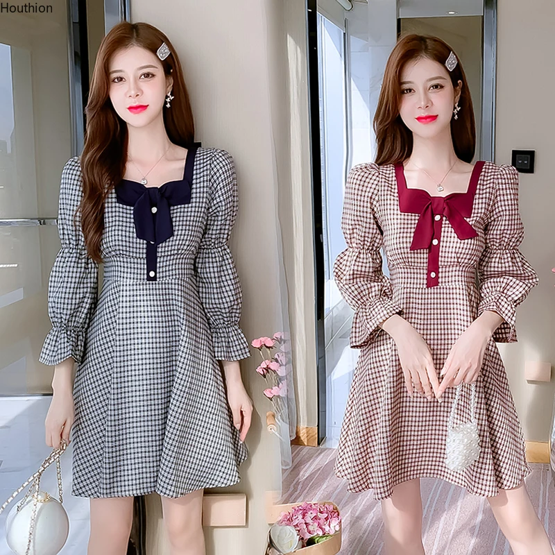 

Cotton Loose Plus Size Women's Dress New Fashion Long Sleeve Lattice Square-collar Mid-length Summer Houthion