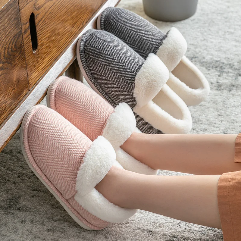 

Winter Bag Heel Couple Cotton Slippers Indoor Women Warm Mute Plush Slippers Solid Color Plus Velvet Thick Non-slip Cotton Shoes