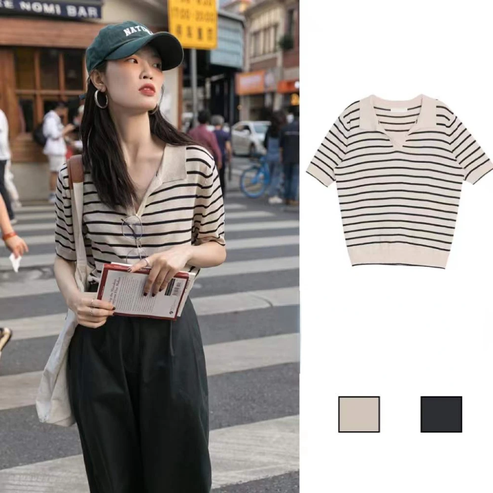 

Cute Korean Women Knit Top Fashion Horizontal Stripes Short Sleeve Polo Neck T-shirt