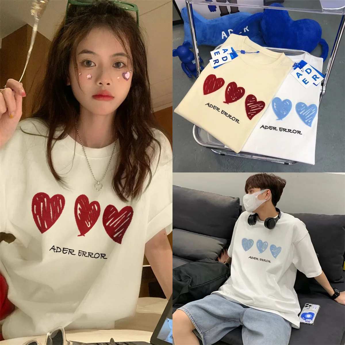 

Ader Ji Heavy Industry Graffiti Love Letter Embroidery Loose Casual ins Han Chao Couple T-shirt