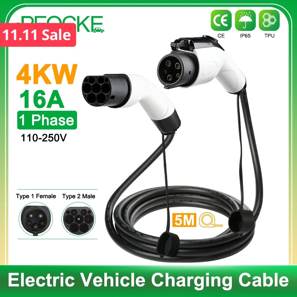 

Peocke EV Charger Extension Cable 16A 1Phase J1772 Type1 to Type2 Female to Male Plug Electric Vehicle Cord for Charger Station