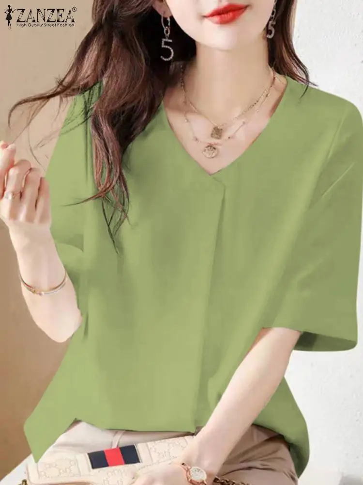 

Elegant Summer Blouse Women V Neck Short Sleeve Top ZANZEA Fashion Solid Work Shirt Female Casual Loose Office Lady Blusas Mujer