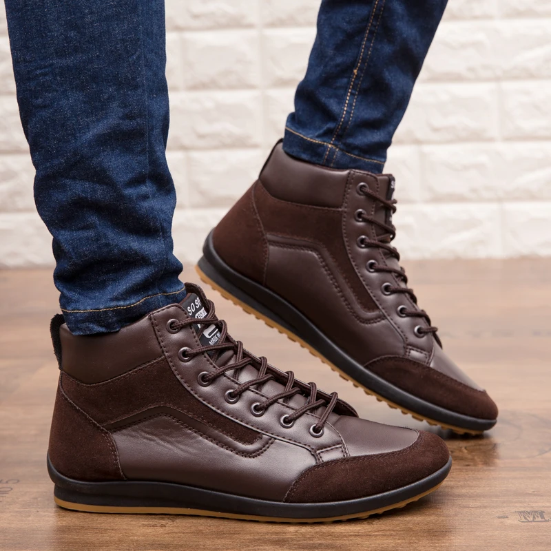 Men's PU Leather Boots Male Casual All Matching Spring Autumn Lace Up High Top Flat Shoes