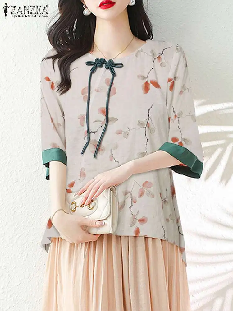

ZANZEA 2023 Summer Floral Print Blouse Fashion Chinese Style Top Women Round Neck Shirt Casual Loose Half Sleeve Bohemian Tunic