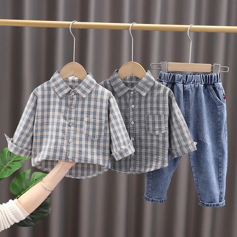 

OLEKID 2022 Spring Autumn 1-6 Years Boys 2PCS Clothing Set Plaid Cotton Shirts Washed Jeans Pants Baby Boy Clothes Children Suit