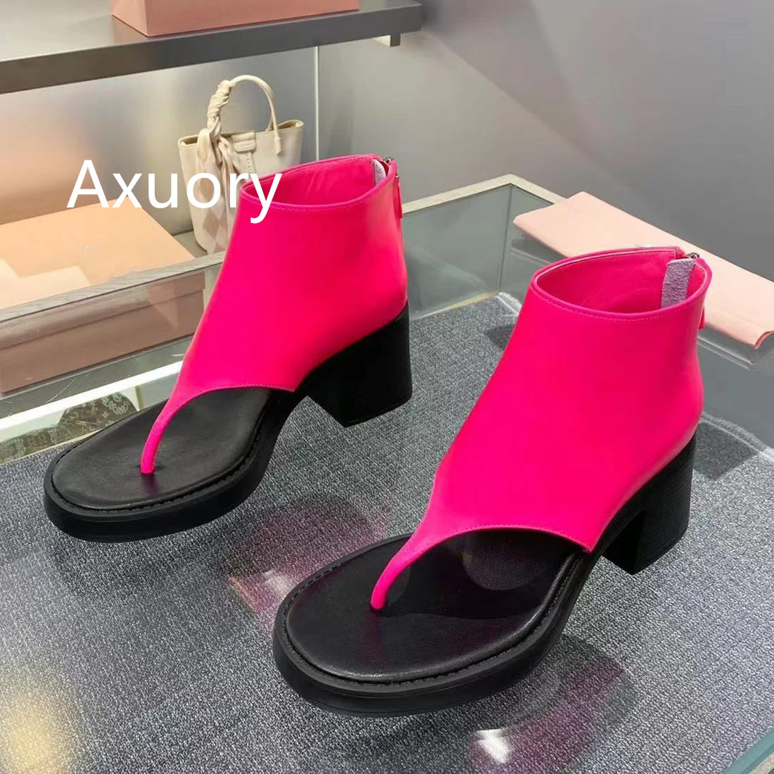 2023 New Women's Flip-flops Genuine Leather Fashion Style High heel 7cm Dress Shoe New Sandals Chunky Block Heel Ankle