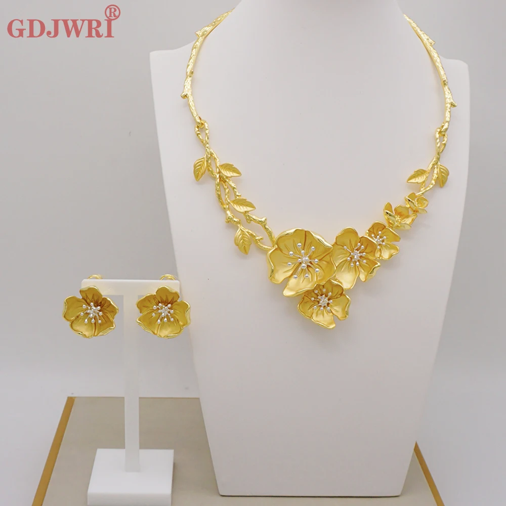 

African Fashion Jewelry Sets Dubai Costume Jewellery Choker Gold Plated Flowers Necklace Earrings Wedding Party Gift