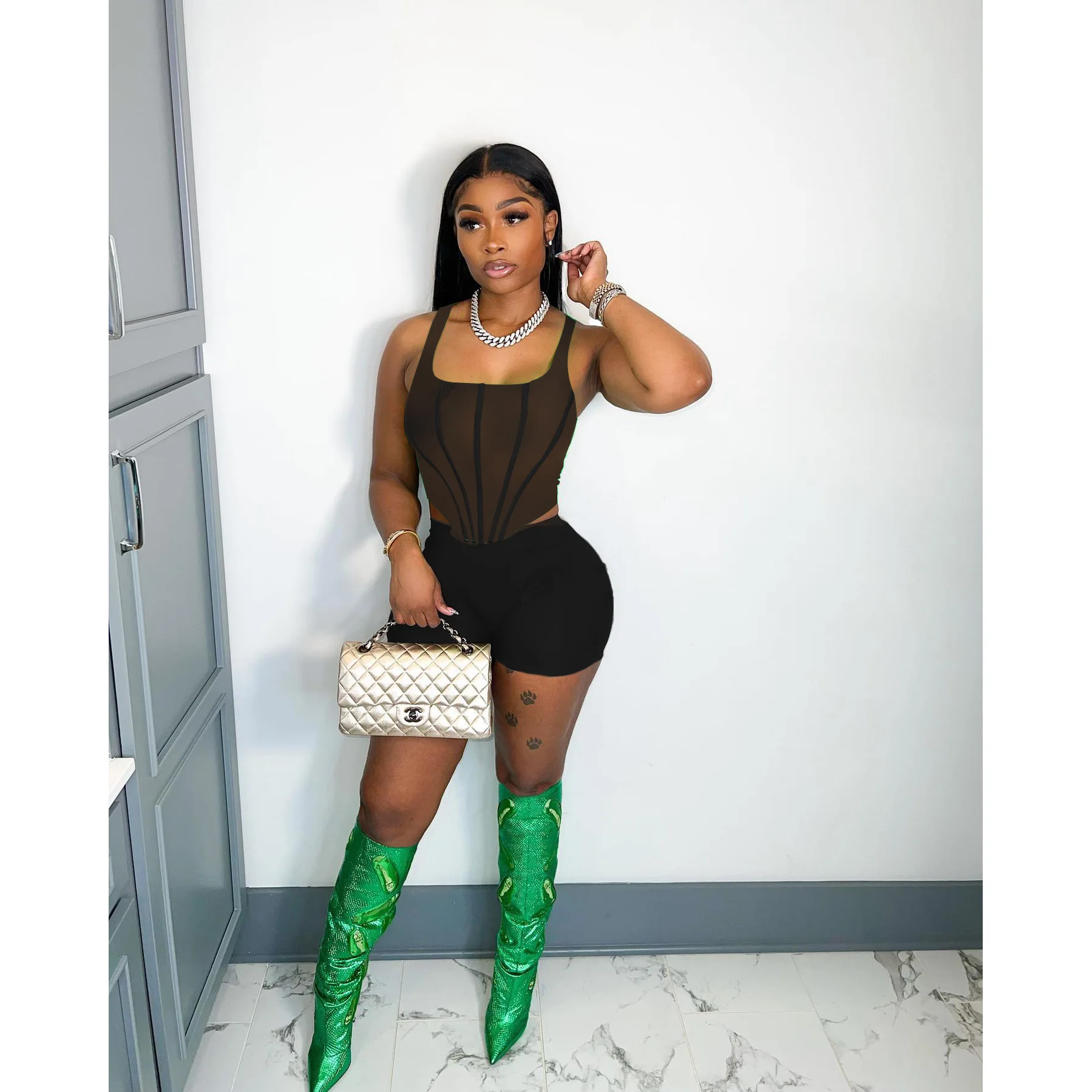 

High Street Two 2 Piece Sets Women Party Outfits Summer Elegant Square Neck Mesh See Through Vest Tight Shorts Sexy Tracksuits