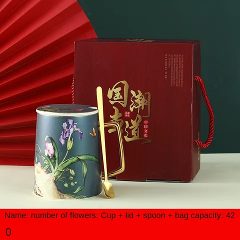 Кружка Керамическая с крышкой и ложкой, настольное украшение большой вместимости для дома, кофе, завтрака, праздничный подарок в китайском стиле