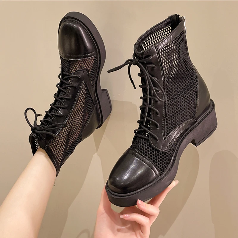 

Женские сетчатые ботильоны ZOKI в стиле пэчворк, черные, бежевые дышащие ботинки на среднем каблуке, женские ботинки на платформе с молнией сз...