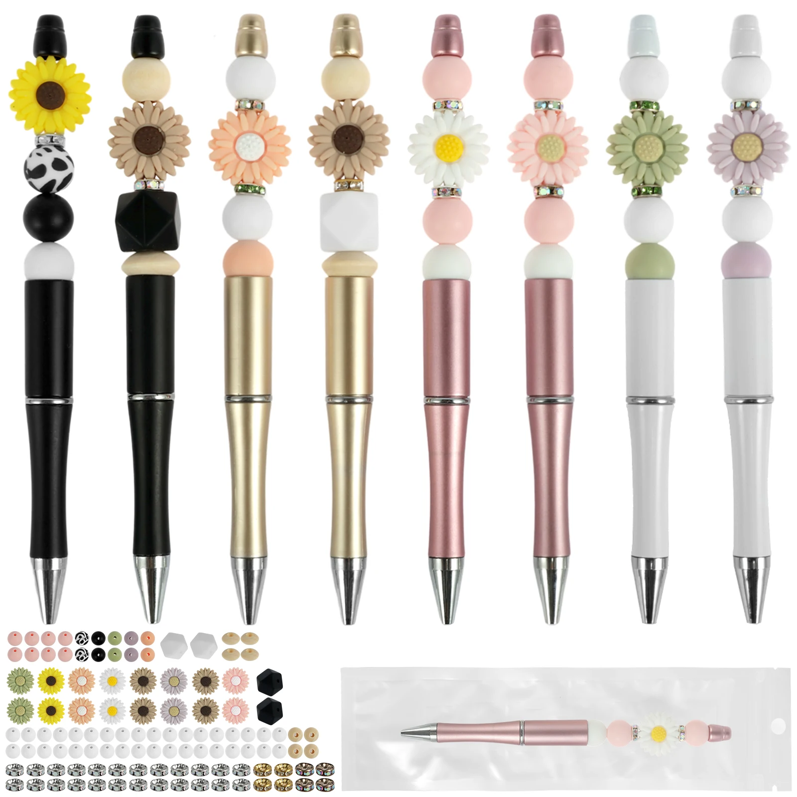 

NEW 16Pcs Beadable Pens Kit Daisy Themed DIY Beaded Pens Multicolor Beads Assorted Bead Pens Black Ink Bead Pens Set Creative
