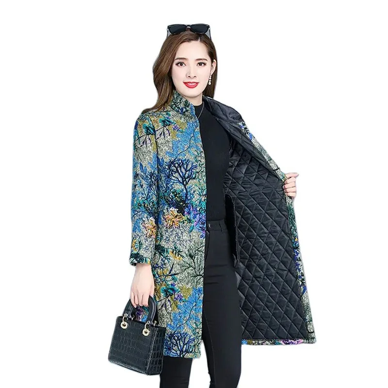 

Autumn Winter Overcoat Mid-Length Women Cotton Coat Linen Quilted Warm Cotton Coats Middle Aged Mother Casual Printed Jackets