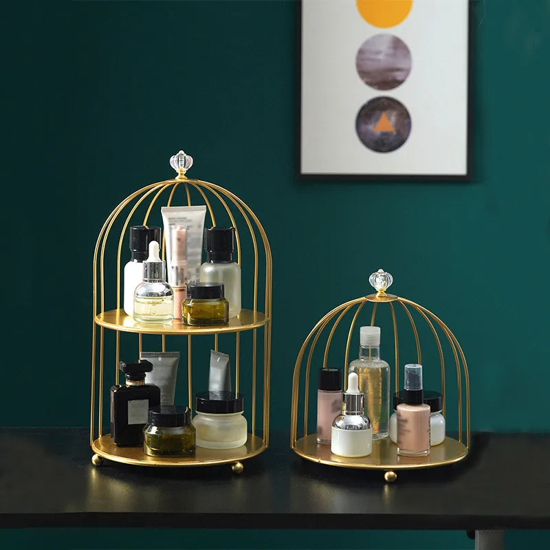 

2022 New Iron Birdcage Storage Rack Lipstick Cosmetic Storage Rack Skin Care Product Shelf Table Perfume Makeup Organizer Racks