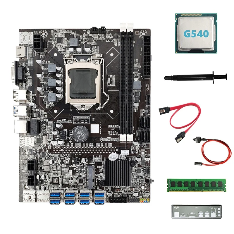 B75 8USB ETH Mining Motherboard+G540 CPU+DDR3 4GB 1600Mhz RAM+Switch Cable+SATA Cable+Baffle+Thermal Grease Motherboard