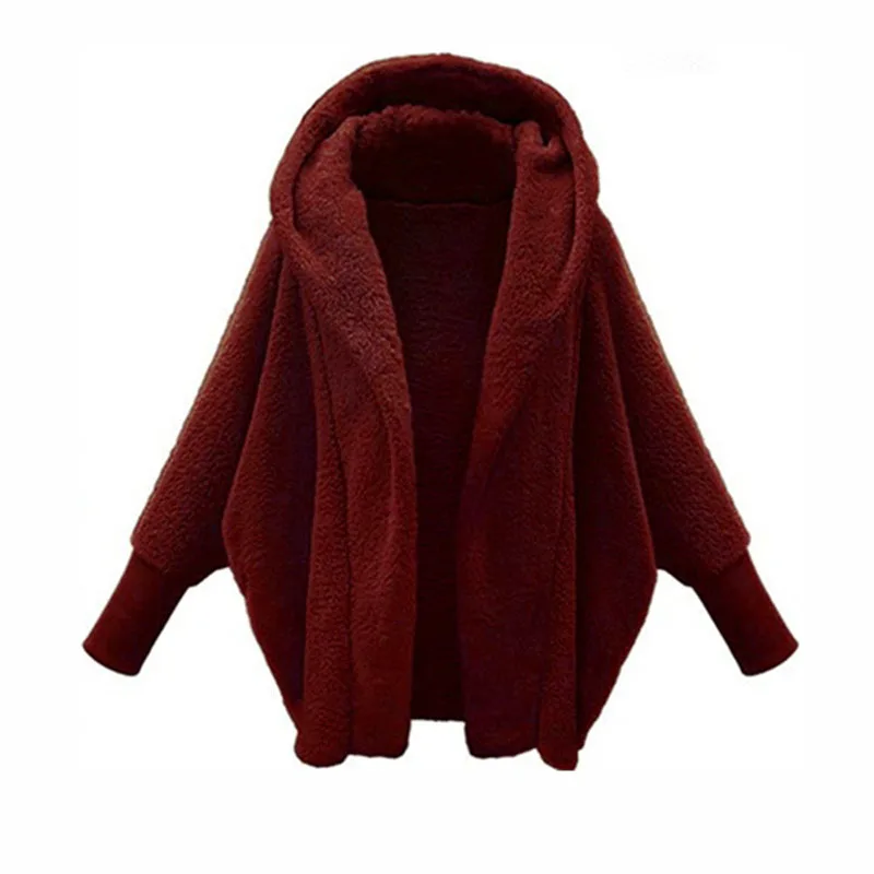 

Retro Woman Solid Batwing Sleeve Fleece Jackets Winter Fashion Hooded Plush Thick Warm Coats Ladies Casual Loose Short Cardigans