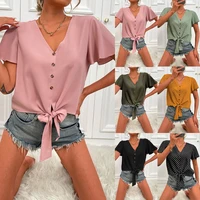 women sexy chiffon shirts 2022 fashion summer elegant short sleeve polka dot lace up tie bow blouses casual tops pullover tunic
