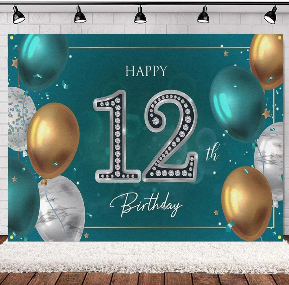 

Photography Backdrop Happy 12 Years Old 12th Birthday Decor Party Background Banner Balloon For Girls Boys - Green Silver Poster