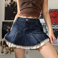 weiyao cute y2k denim skirt lowwaist preppy style girl kawaii ruffles hem mini skirt contrast distressed vintage korean skirts