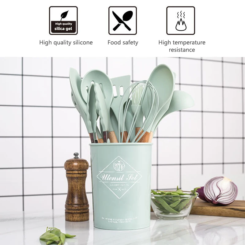 silicone kitchen cooking utensil set with storage box non stick cookware for countertop wooden cook gadgets kitchen utensils free global shipping