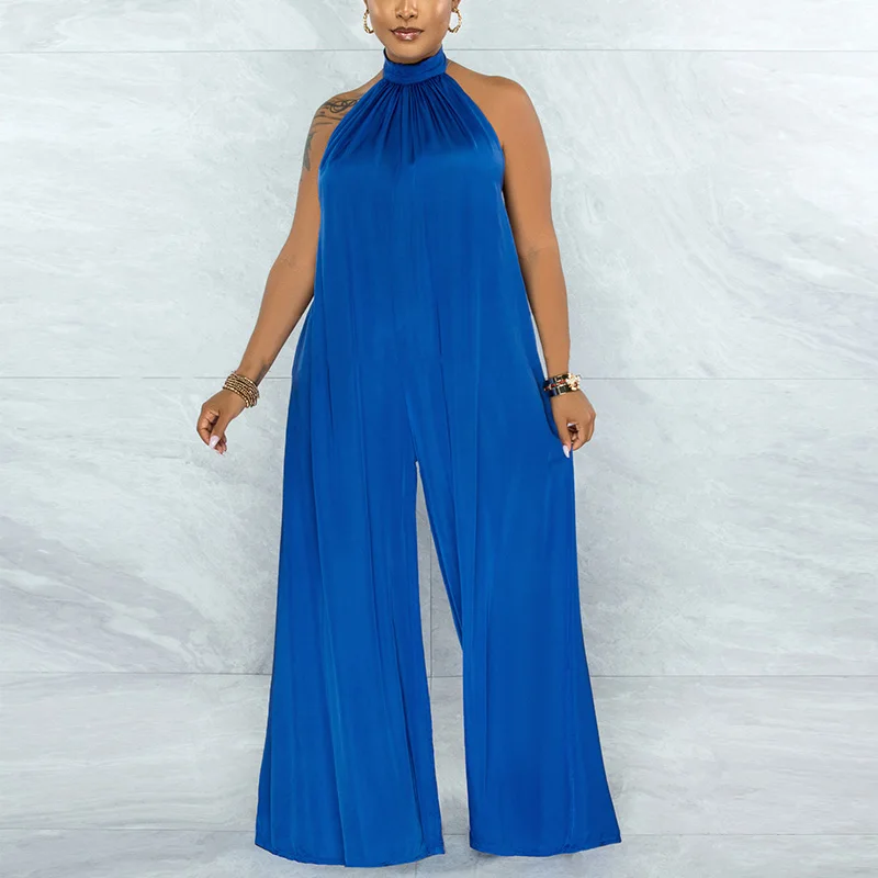 

Women Halter Solid Color Wide Leg Jumpsuits