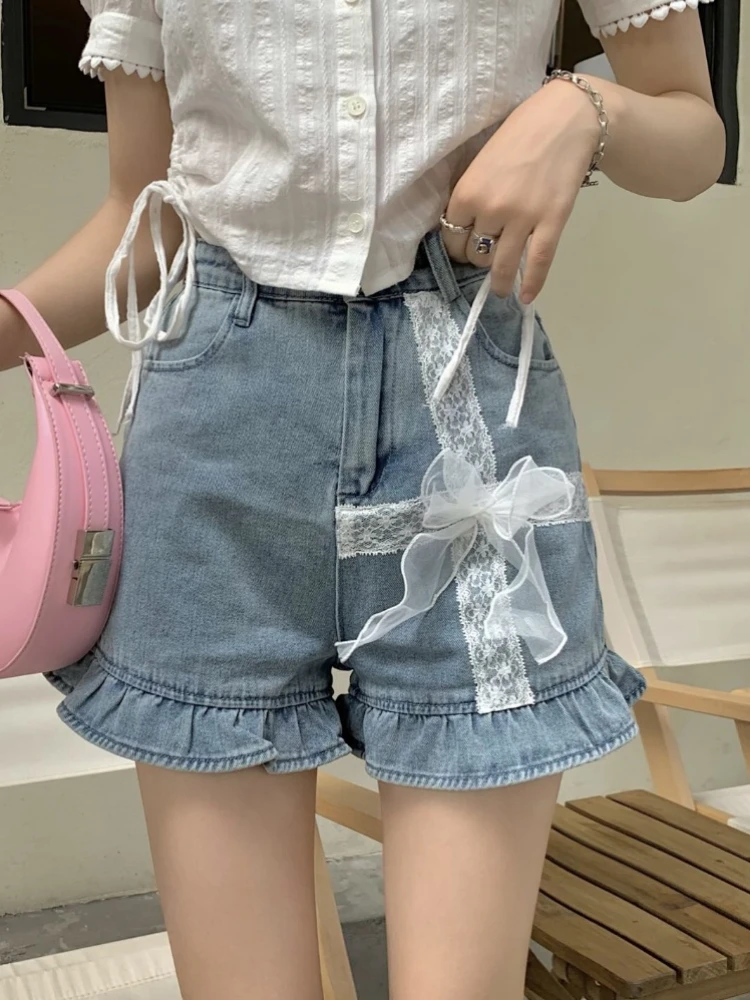 

Sweet Ruffles Lolita Denim Shorts Women High Waist Lace Bow Blue Short Pants Korean Fashion Kawaii Clothes Girl Summer Y2k Jeans